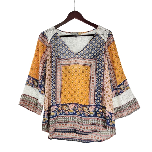 figueroa & flower Tops - Figueroa & Flower Boho Patchwork Lace Trim Blouse Small V-Neck Flowy Festival